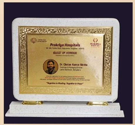Dr. Chetan Kumar Mehta, Guest of Honour plaque, Prakriya Hospitals and Advika Care Foundation, bone cancer support group