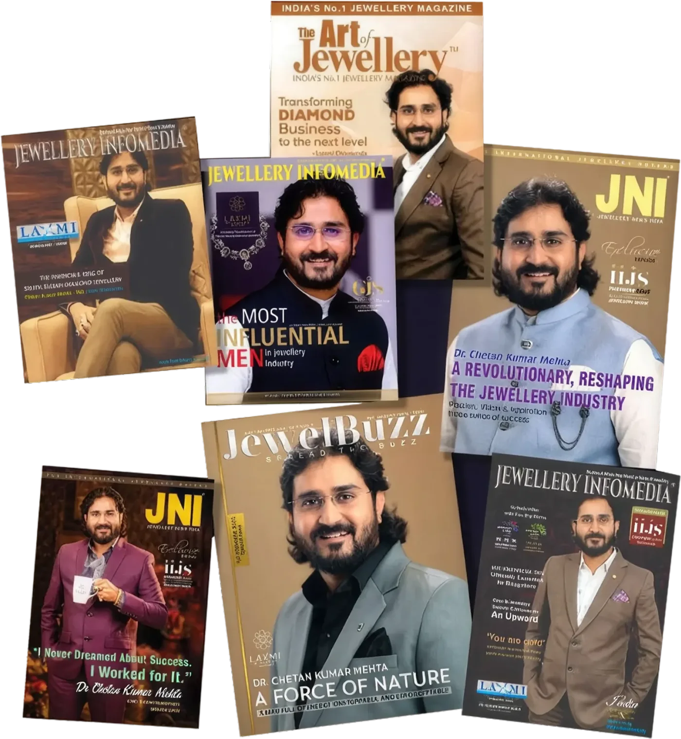 Dr. Chetan Kumar Mehta featured on the covers of Jewellery Infomedia, The Art of Jewellery, JNI, and JewelBuzz magazines